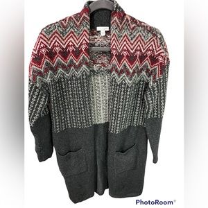 J Jill Long Line Fair Isle Cotton Wool Open Cardigan Sweater Coat Size Small